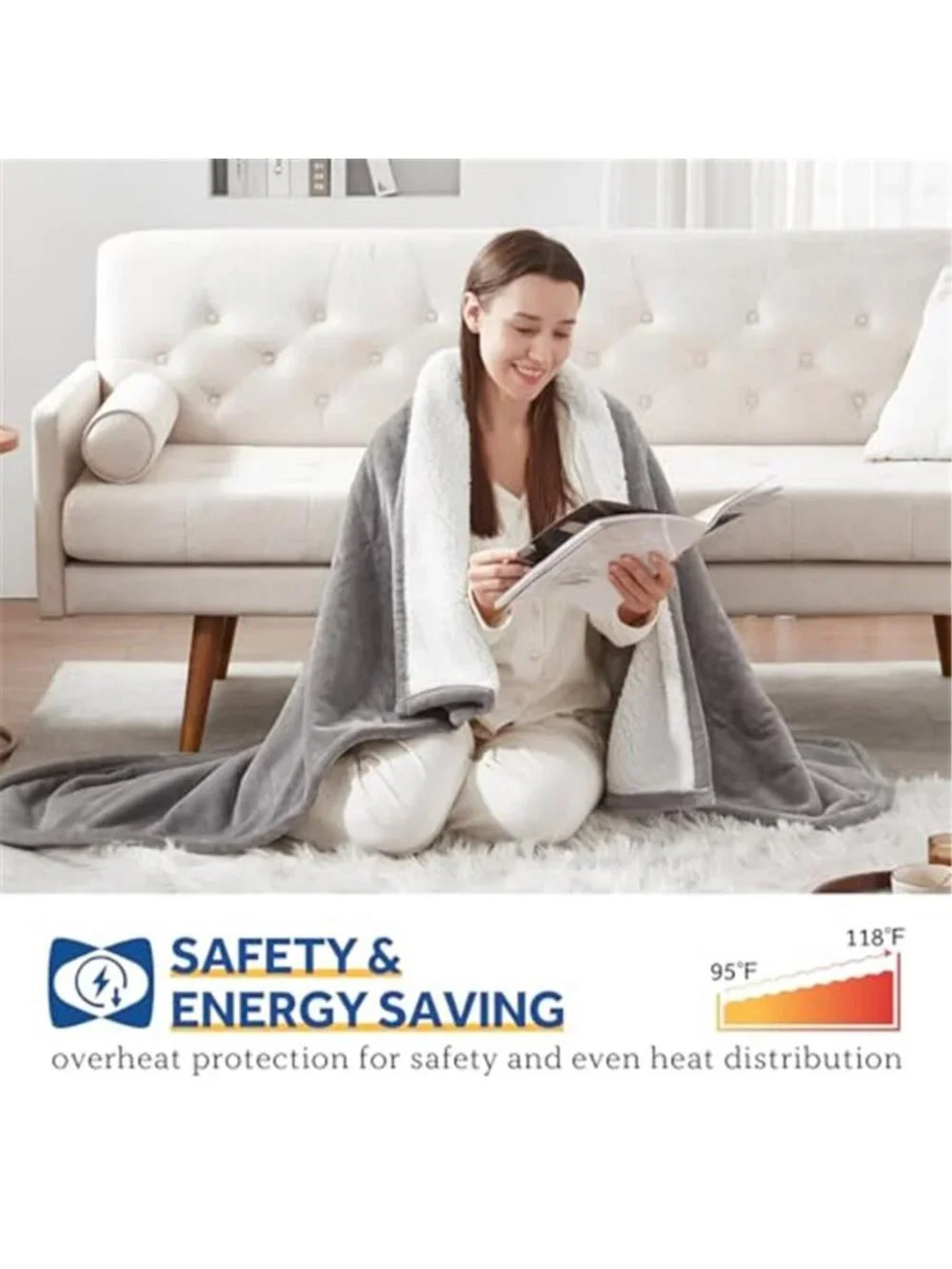 Electric Heated Throw Blanket Light Grey Sherpa Flannel 50 x 60 Auto Shut Off